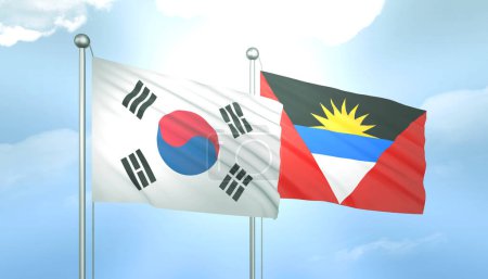 3D Flagge von Südkorea und Antigua Barbuda auf blauem Himmel mit Sonnenschein