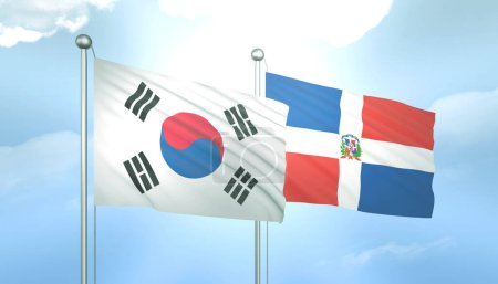 3D Flagge von Südkorea und Dominikus auf blauem Himmel mit Sonnenschein
