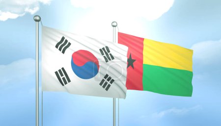 3D Flag of South Korea and Guinea Bissau on Blue Sky with Sun Shine