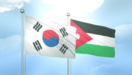 3D Flagge von Südkorea und Jordanien auf blauem Himmel mit Sonnenschein