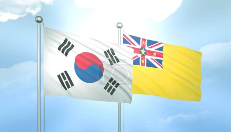 3D Flag of South Korea and Niue on Blue Sky with Sun Shine