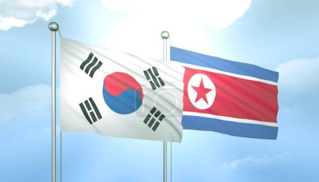 3D Flag of South Korea and North Korea on Blue Sky with Sun Shine