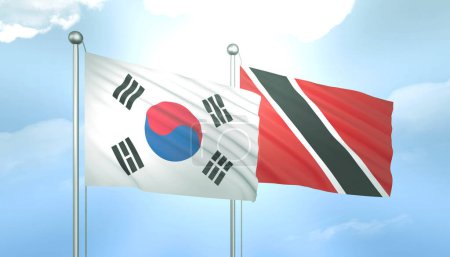 3D-Flagge von Südkorea und Trinidad Tobago am blauen Himmel mit Sonnenschein