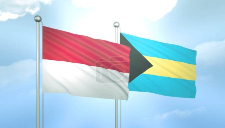 3D Flagge von Indonesien und Bahamas auf blauem Himmel mit Sonnenschein