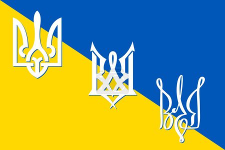 Ilustración de Vector conjunto de escudos de armas de Ucrania en diferentes estilos en el fondo de los colores de la bandera de Ucrania para imprimir en ropa, tatuajes - Imagen libre de derechos