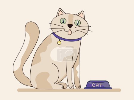 Téléchargez les illustrations : Illustration vectorielle colorée d'un chat qui attend que quelqu'un le nourrisse, assis près de son bol de nourriture. Convient pour autocollants, impression de vêtements, cartes de vacances - en licence libre de droit
