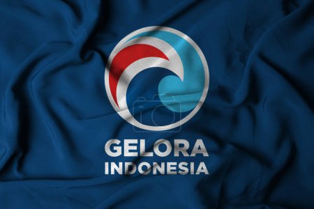 Foto de Enfoque selectivo de la bandera de GELORA Party, con textura de tejido ondulante. El concepto de partidos políticos en Indonesia. Ilustración 3d. pringsewu, Lampung; 15 de febrero de 2024 - Imagen libre de derechos