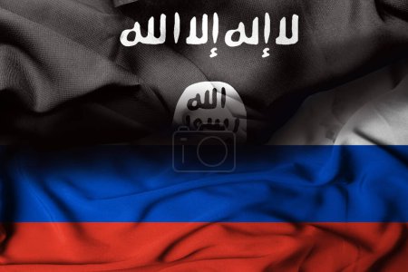 Der Islamische Staat im Irak und die Flagge der Levante kombinierten russische Flaggen, die vor textilem Hintergrund wehten. Illustration des Fahnenschwenkens. Selektiver Fokus