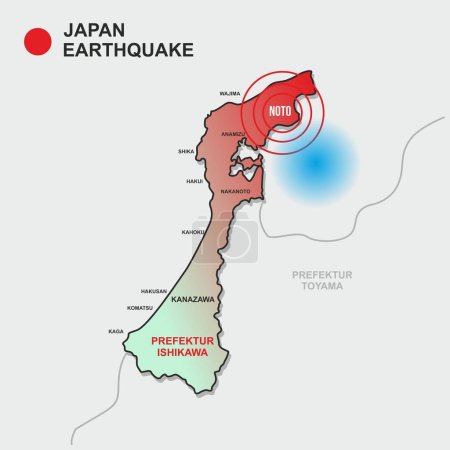 Téléchargez les illustrations : Carte du séisme de magnitude 7,6 dans la préfecture de Noto Ishikawa, Japon - en licence libre de droit