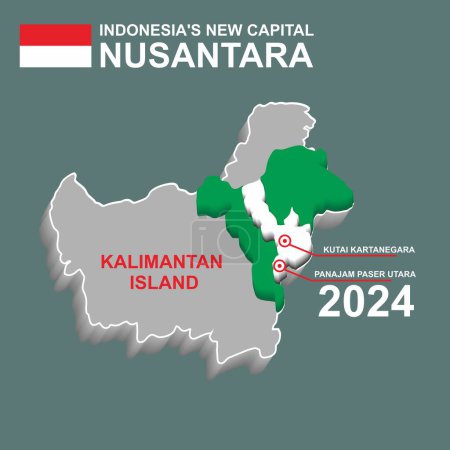 Téléchargez les illustrations : Illustration vectorielle Carte de la nouvelle capitale indonésienne nommée "NUSANTARA" située dans le Kalimantan oriental. vert foncé isolé. - en licence libre de droit