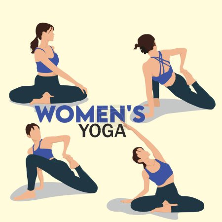 Establecer vector de yoga de las mujeres. Ejercicios de calentamiento sentados para mujeres, objetivos corporales, leggins para mujeres. color plano