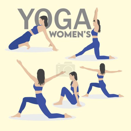 Yoga mujer vector conjunto. Calentar los ejercicios de movimiento para las mujeres, objetivos corporales, leggings de las mujeres. color azul plano. colección de mujeres sexy leggings iconos