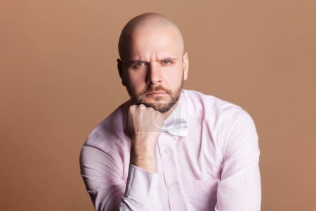Photo for Serious angry aggressive bald bearded man sitting holding his chin, looking at camera with gloomy expression, wearing light pink shirt and bow tie. Indoor studio shot isolated on brown background. - Royalty Free Image