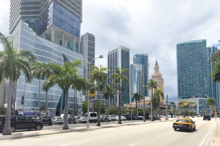 Photo for Miami, Florida - August 25th, 2023: Miami center street, city buildings, road traffic. - Royalty Free Image