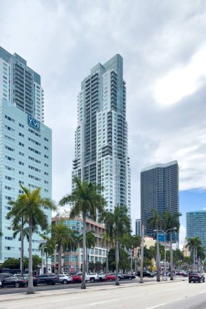 Foto de Miami, Florida - 25 de agosto de 2023: El paisaje urbano, las torres y las palmeras verdes del centro de Miami. - Imagen libre de derechos