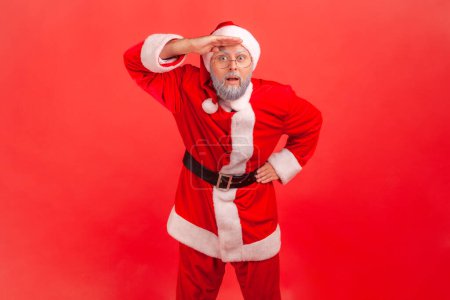 Photo for Elderly man with gray beard in santa claus costume keeping palm over head and looking attentively far away, peering with expectation at long distance. Indoor studio shot isolated on red background. - Royalty Free Image