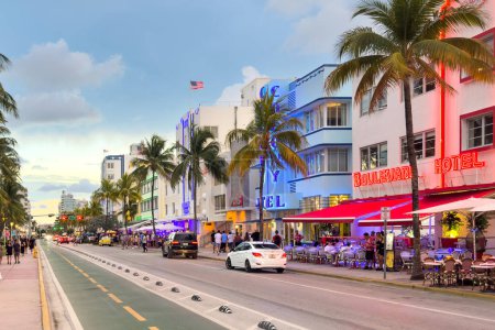 Photo for Miami, Florida - August 25th, 2023: Bright scenic view of buildings on Drive in South Beach, hotels, restaurants, Miami, Florida, USA. - Royalty Free Image