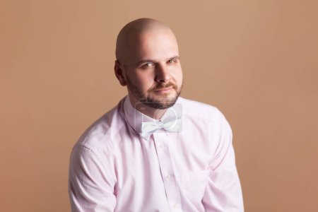 Photo for Portrait of calm handsome attractive bearded man looking at camera with serious concentrated facial expression, wearing light pink shirt and bow tie. Indoor studio shot isolated on brown background. - Royalty Free Image