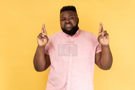 Photo for Portrait of bearded man wearing pink shirt crossing fingers for good luck, hoping wishes will come true, looking at camera slyly. Indoor studio shot isolated on yellow background. - Royalty Free Image