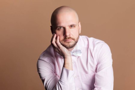 Photo for Portrait of calm serious attractive bald bearded man sitting holding his chin, looking at camera, wearing light pink shirt and bow tie. Indoor studio shot isolated on brown background. - Royalty Free Image