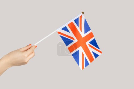 Foto de Primer plano de la mano de una mujer mostrando la bandera británica, viajando a Gran Bretaña, inmigración. Estudio interior plano aislado sobre fondo gris. - Imagen libre de derechos