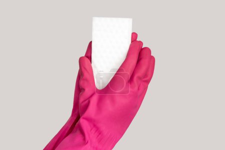 Foto de Primer plano de la mano de mujer en guante de goma rosa que sostiene el servicio de lavado de platos esponja blanca. Estudio interior plano aislado sobre fondo gris. - Imagen libre de derechos