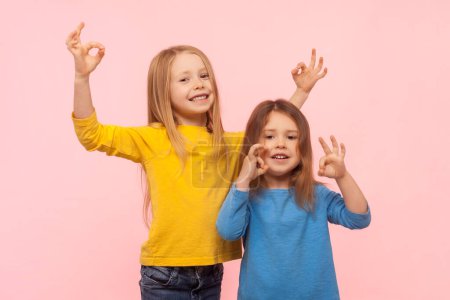 Foto de Retrato de encantadoras dos niñas positivas que muestran gesto bien aprobado elegido dibujos animados, mirando a la cámara y sonriendo felizmente. Estudio interior plano aislado sobre fondo rosa. - Imagen libre de derechos