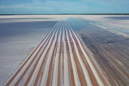 Foto de Cosecha de sal en mina de laguna salina, Salinas Grandes de Hidalgo, La Pampa, Patagonia, Argentina. - Imagen libre de derechos