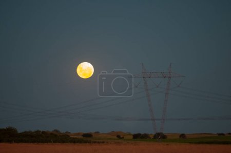 Photo for Electric Line and moon landscape, La Pampa province, Patagonia, Argentina. - Royalty Free Image