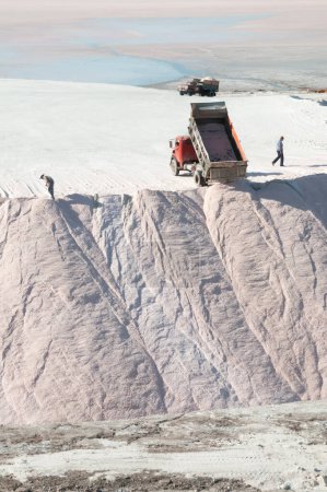 Téléchargez les photos : Camions déchargeant du sel brut en vrac, Salinas Grandes de Hidalgo, La P - en image libre de droit