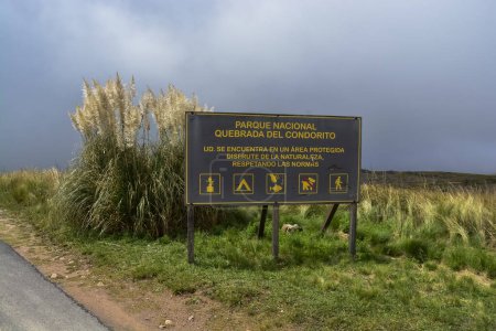 Nationalpark Quebrada del Condorito, Eingangsschild, Provinz Cordoba, Argentinien