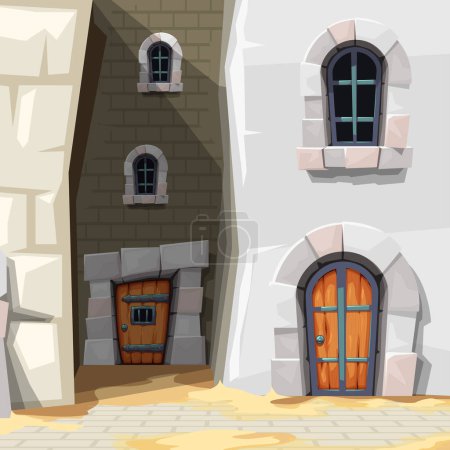 illustration of medieval street with vintage houses at sunny day with dark backstreet in cartoon style