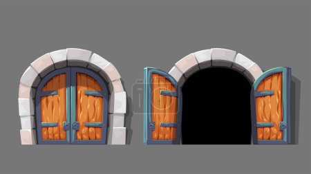 Illustration for Illustration of medieval cartoon gates in two condition open and closed isolated on grey backdrop - Royalty Free Image