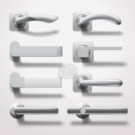 Illustration for Illustration of different door handles set front view in realistic modern design with shadows on white backdrop - Royalty Free Image