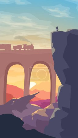 Illustration for Illustration of a beautiful view on mountain landscape with railroad bridge and a train on it - Royalty Free Image