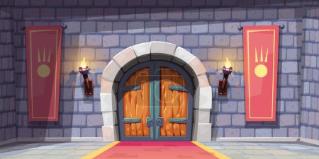 Illustration for Illustration of medieval room front view on wooden massive doors with flags and couple torches - Royalty Free Image