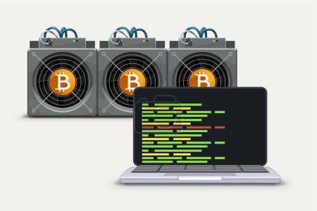 illustration of cryptocurrency mining rig equipment for bitcoin with laptop and mining os