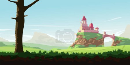 Ilustración de Illustration of a medieval fairytale castle landscape at sunny day layered for parallax - Imagen libre de derechos