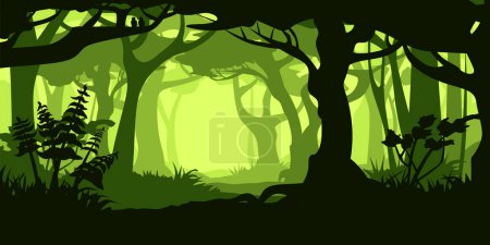 illustration of scene view on dense old forest in green color layer cartoon style