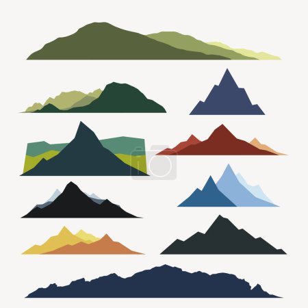 Illustration for Illustration of multicolored different mountains in set on white backdrop - Royalty Free Image