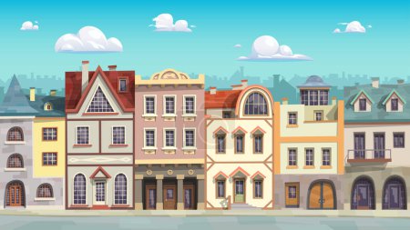 Ilustración de Ilustración de la calle de la vendimia con varios edificios coloridos en estilo de dibujos animados divididos en capas paralaje listo - Imagen libre de derechos
