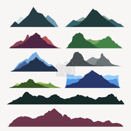 Illustration for Illustration of multicolored mountains silhouettes isolated on white backdrop in set - Royalty Free Image