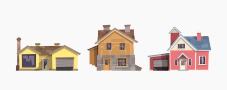Illustration for Illustration of front view on different houses in modern classic design with shadows which shows depth of buildings in set isolated on white backdrop - Royalty Free Image