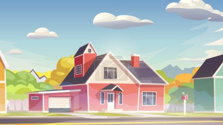Illustration for Illustration of beautiful red color new modern house at suburbs morning in cartoon design - Royalty Free Image