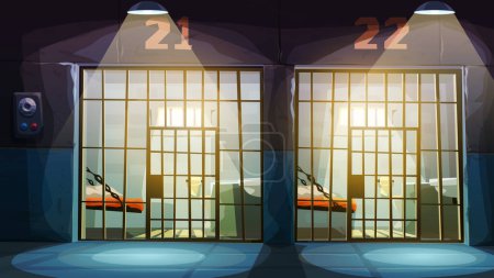 ilustración de la vista en las celdas vacías de la prisión con rayos de luz solar a través de barras