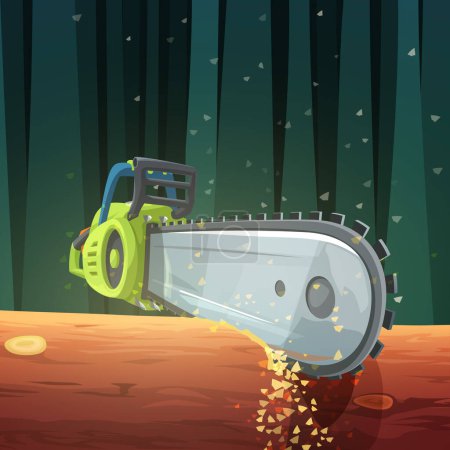 illustration of bright green color chainsaw in tree with flying sawdust