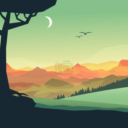 Illustration der ruhigen nächtlichen Gebirgslandschaft in grün-roten Farben mit Mond in mehrschichtigem Design