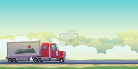 Ilustración de Ilustración de camión semirremolque americano se mueven en una vista lateral de la carretera en día nublado - Imagen libre de derechos