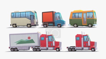 Illustration for Illustration of six various types of commercial vehicles in cartoon style isolated on white backdrop in set - Royalty Free Image