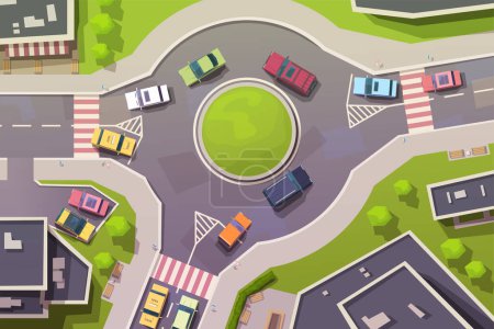 Ilustración de Ilustración de la escena de cruce urbano con algunas vistas de tráfico de coches desde arriba en estilo de dibujos animados - Imagen libre de derechos
